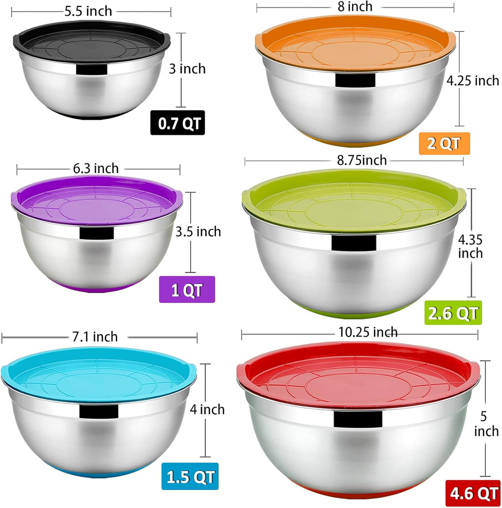 5-Piece Stainless Steel Mixing Bowl Set with Colorful Leak-Proof Lids, Versatile Kitchen Storage Containers