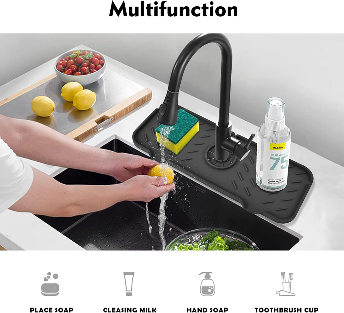 Silicone Faucet Mat For Kitchen Bathroom, Sink Draining Pad Keep Drying Kitchen Accessories (14.6" X 5.5")