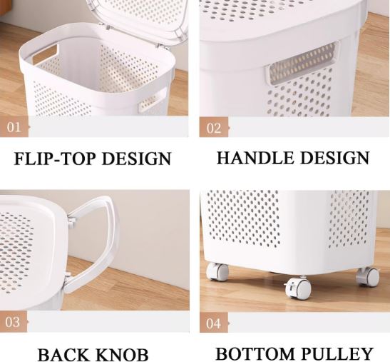 White & Grey Slim Laundry Hamper 60L Capacity Clothes Basket with Lid for Wardrobe Storage