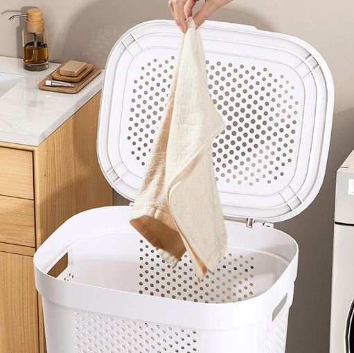 White & Grey Slim Laundry Hamper 60L Capacity Clothes Basket with Lid for Wardrobe Storage