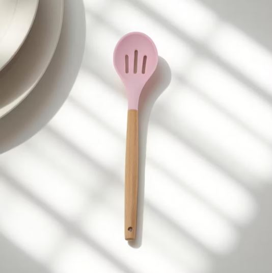 Slotted Silicone Spoon with a Wooden Handle, Kitchen Silicone Cooking Utensils