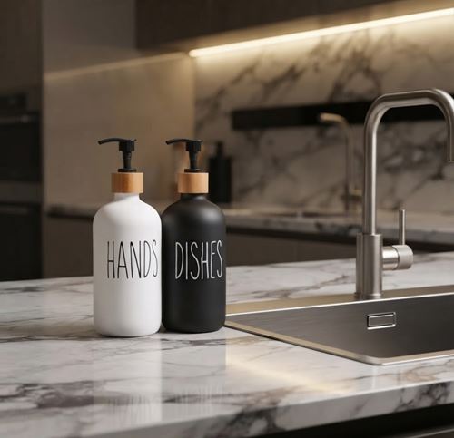 Set of 2 Glass Hand Soap Bottle, Kitchen Soap Dispenser, Dish Soap Dispenser for Kitchen Bathroom with Pump 500ml