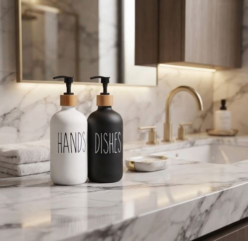 Set of 2 Glass Hand Soap Bottle, Kitchen Soap Dispenser, Dish Soap Dispenser for Kitchen Bathroom with Pump 500ml