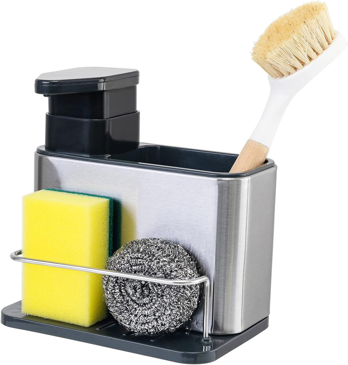 3-in-1 Soap Dispenser for Kitchen Sink, Stainless Steel Kitchen Sink Organizer Tray Drainer Rack with Sponge Holder and Brush Holder