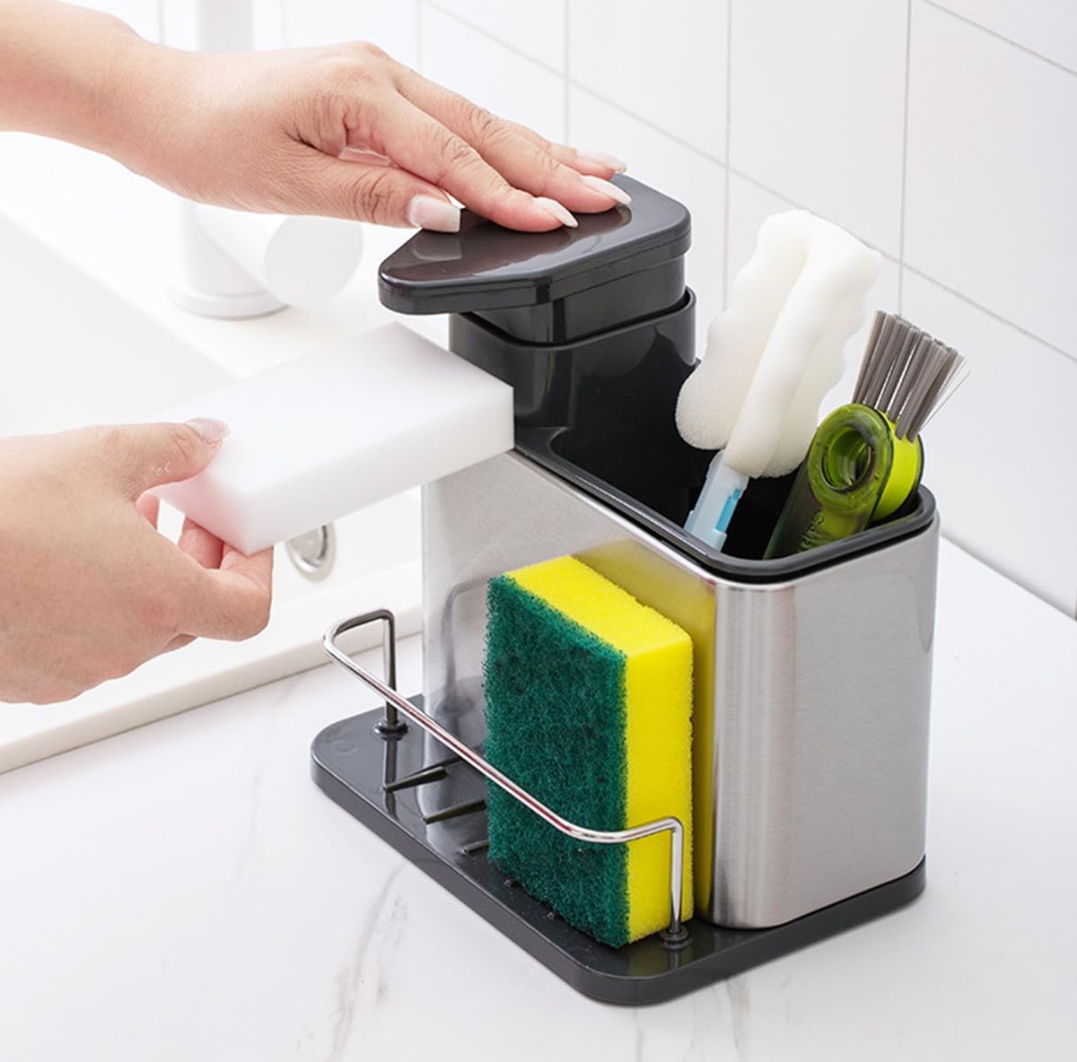 3-in-1 Soap Dispenser for Kitchen Sink, Stainless Steel Kitchen Sink Organizer Tray Drainer Rack with Sponge Holder and Brush Holder