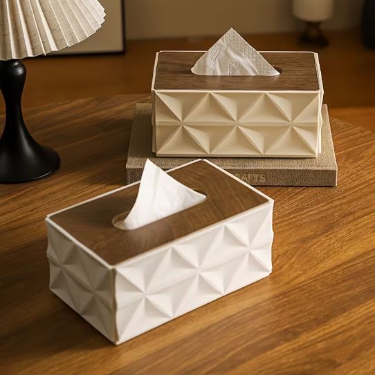 Modern Geometric Tissue Box Cover with Wooden Finish Lid