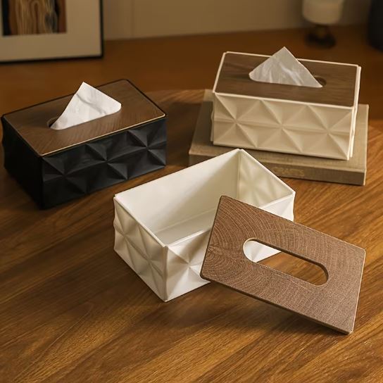 Modern Geometric Tissue Box Cover with Wooden Finish Lid