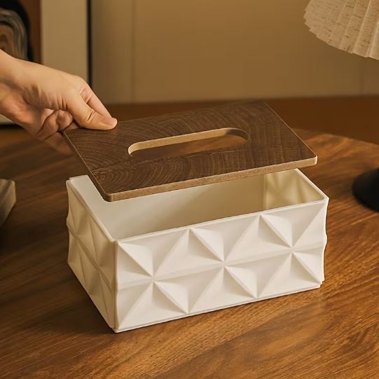 Modern Geometric Tissue Box Cover with Wooden Finish Lid