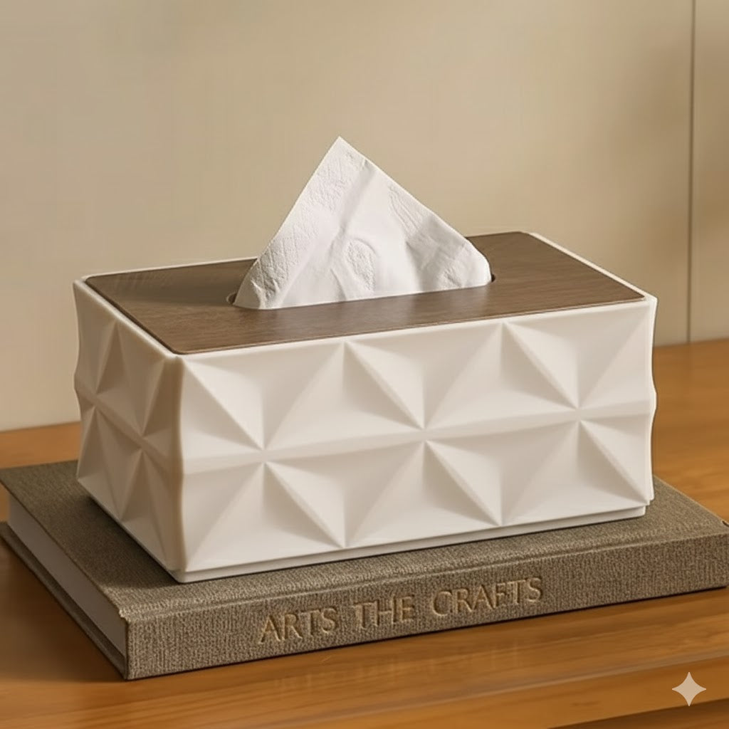 Modern Geometric Tissue Box Cover with Wooden Finish Lid