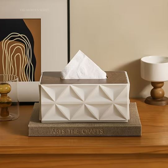 Modern Geometric Tissue Box Cover with Wooden Finish Lid