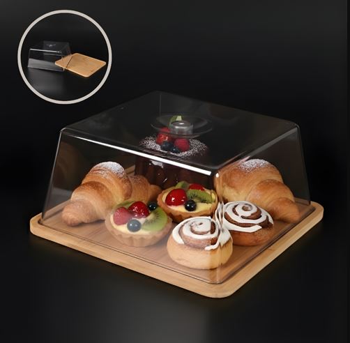 Square Cake Stand with Lid, Bamboo Cake Stand with Dome, Dessert Display Stand with Acrylic Cover for Cheese, Pie, Chips & Dips, Serving Platter with Cover for Kitchen/Party/Wedding/Birthday