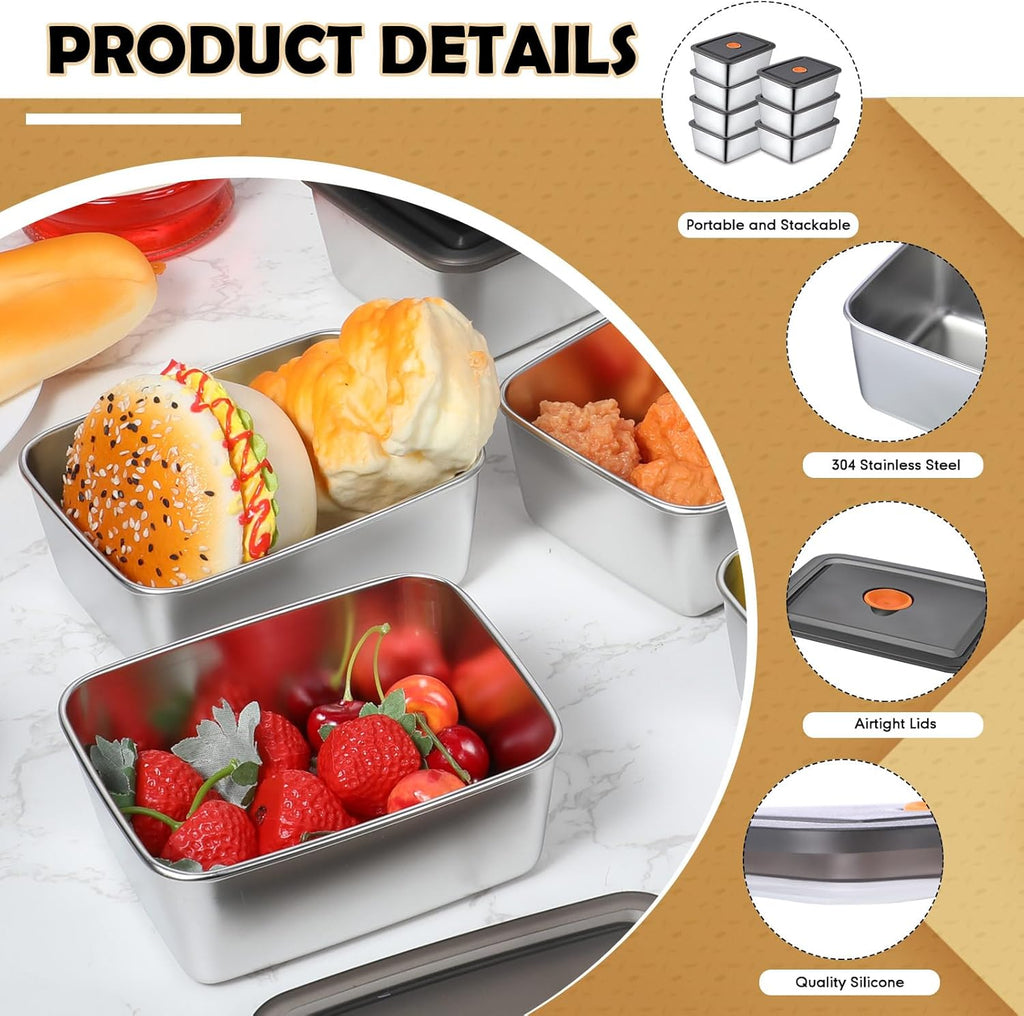 4Pcs Stainless Steel Food Containers with Lids Metal Marinating Snack Containers Box for Lunch, Leftovers, Dishwasher & Freezer Safe
