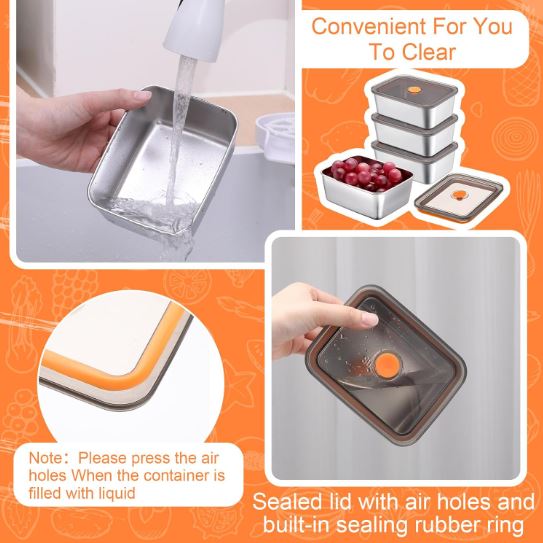 4Pcs Stainless Steel Food Containers with Lids Metal Marinating Snack Containers Box for Lunch, Leftovers, Dishwasher & Freezer Safe