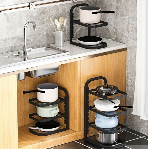 1pc Adjustable 3-Tier Black Stainless Steel Pot Rack - Space-Saving Kitchen Organizer with Multi-Shelved Storage Solution, Ideal for Home & Restaurant