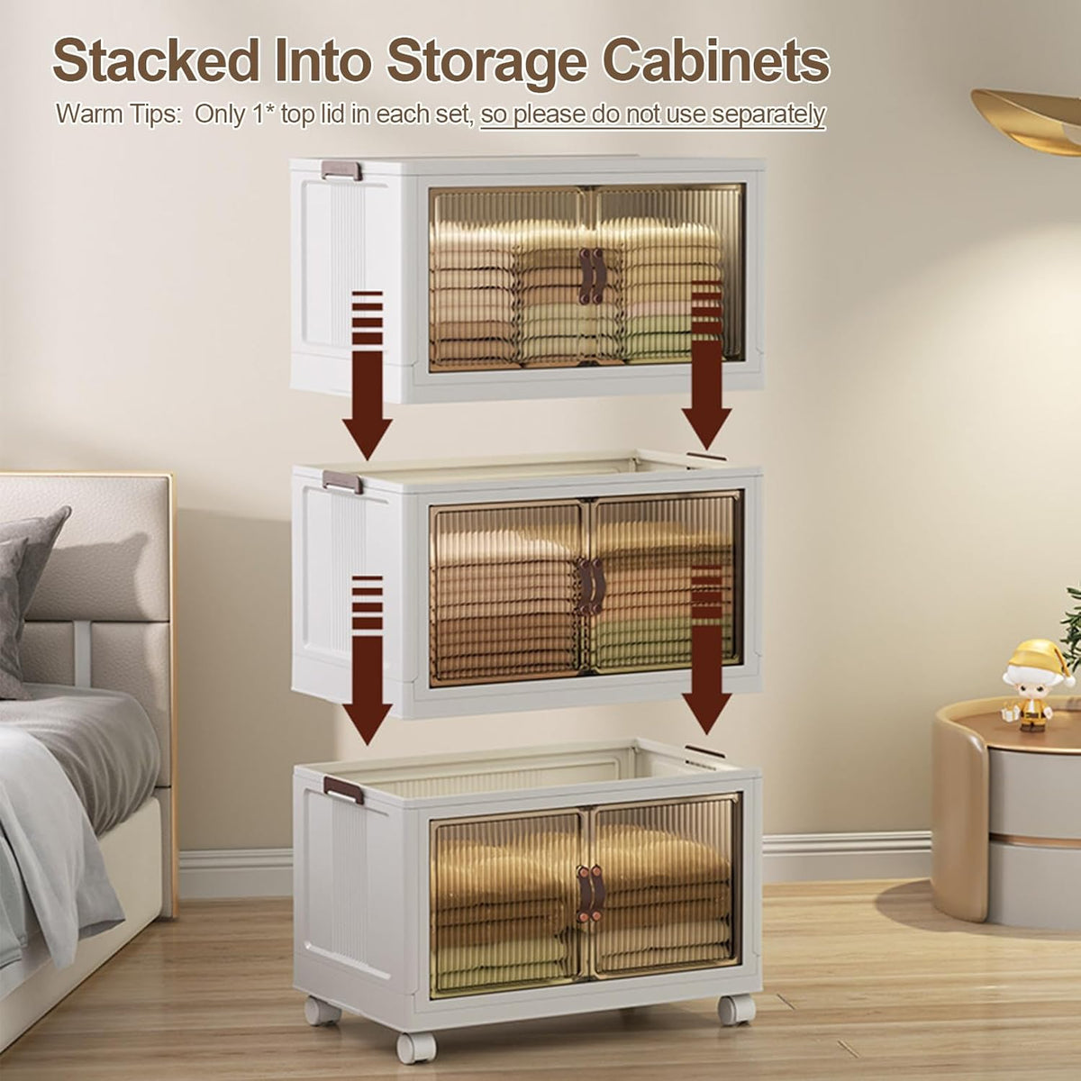 Stackable Storage Bins with Lids, 5 Tier Plastic Storage Cabinets Closet Organizers with Doors, Folding Storage Boxes for Home Kitchen Dorm