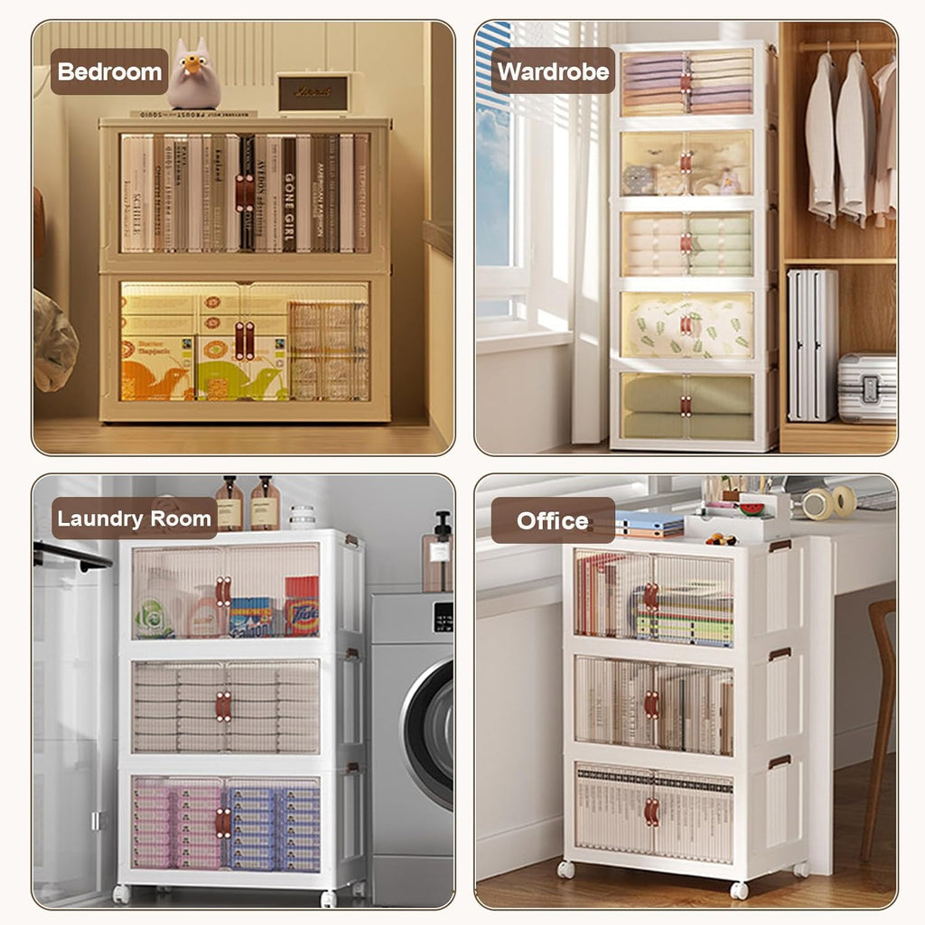 Stackable Storage Bins with Lids, 5 Tier Plastic Storage Cabinets Closet Organizers with Doors, Folding Storage Boxes for Home Kitchen Dorm