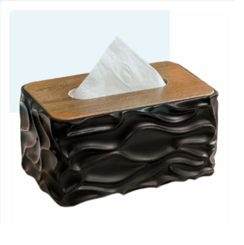 Stylish Wavy Tissue Box Cover with Wooden Lid – Modern Textured Napkin Holder
