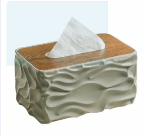 Stylish Wavy Tissue Box Cover with Wooden Lid – Modern Textured Napkin Holder