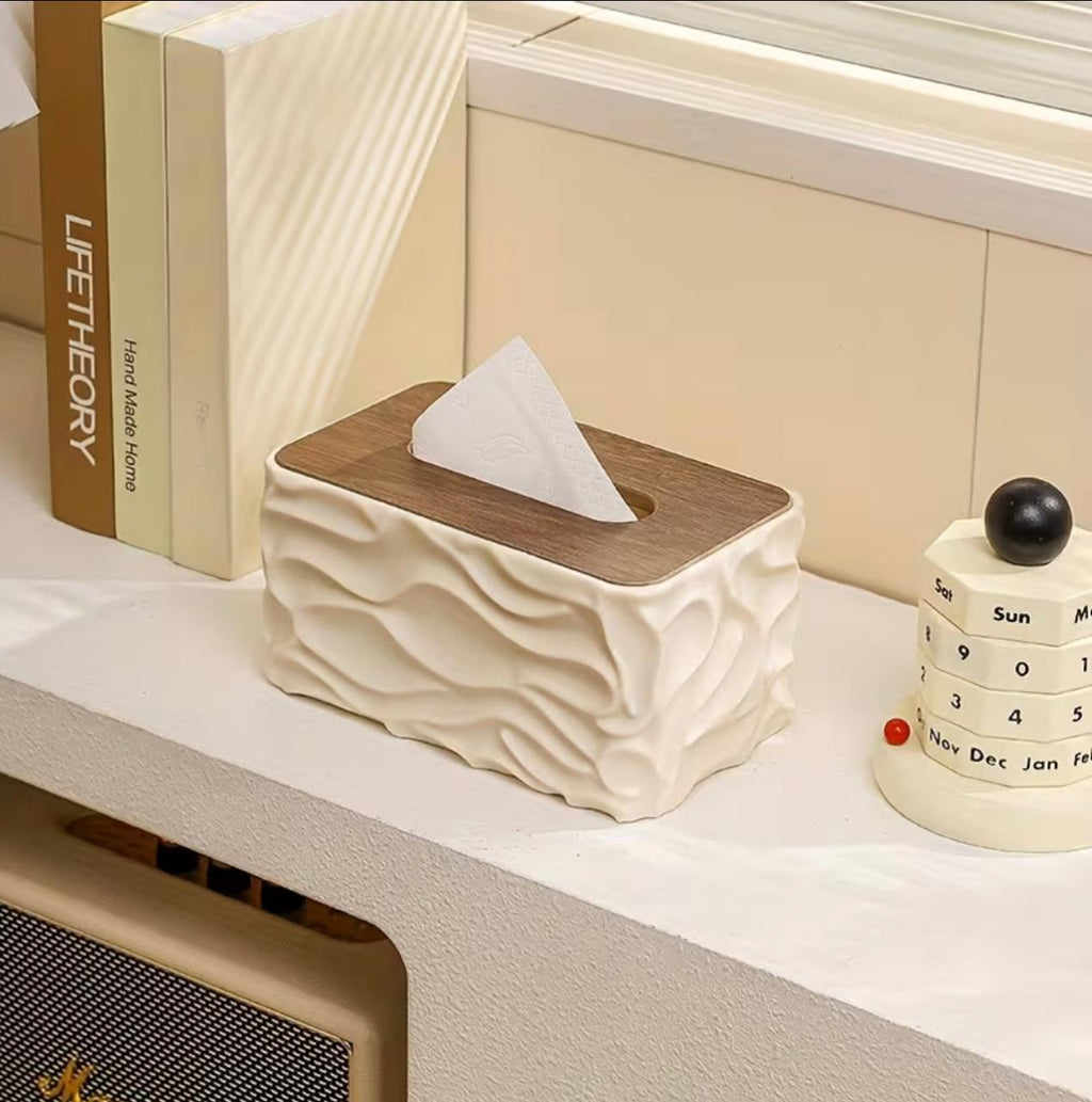 Stylish Wavy Tissue Box Cover with Wooden Lid – Modern Textured Napkin Holder
