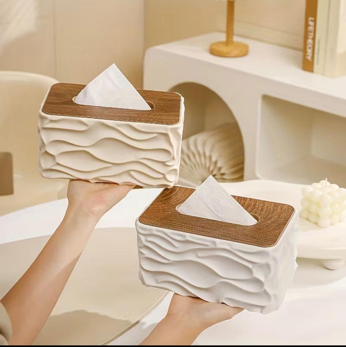 Stylish Wavy Tissue Box Cover with Wooden Lid – Modern Textured Napkin Holder