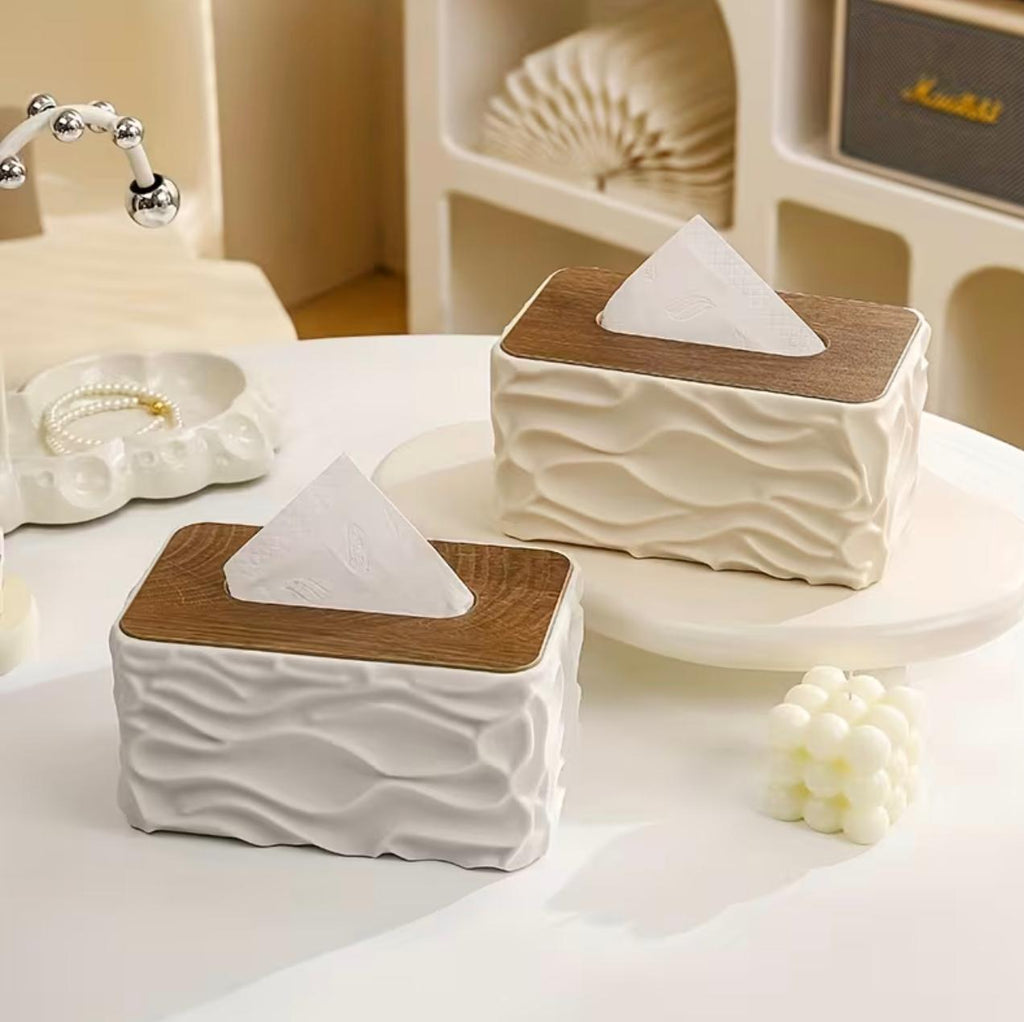 Stylish Wavy Tissue Box Cover with Wooden Lid – Modern Textured Napkin Holder