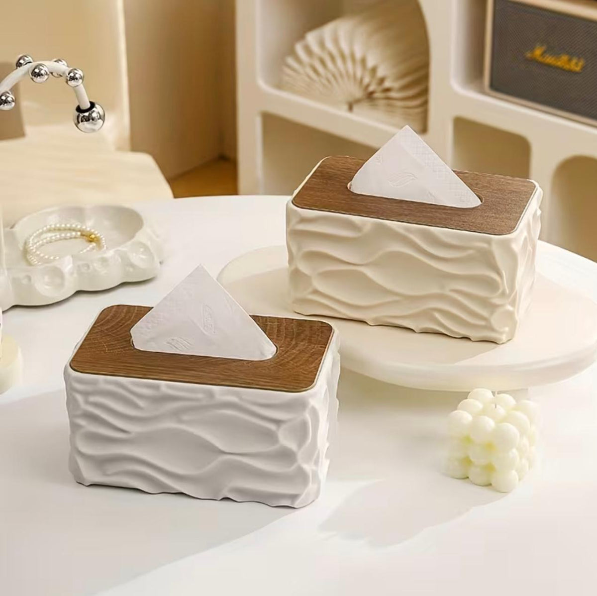 Stylish Wavy Tissue Box Cover with Wooden Lid – Modern Textured Napkin Holder