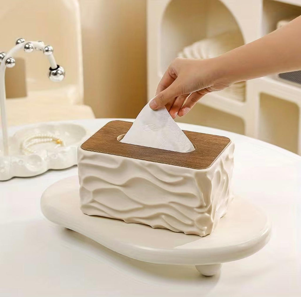 Stylish Wavy Tissue Box Cover with Wooden Lid – Modern Textured Napkin Holder