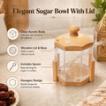 Sugar Pot with Lid and Spoon, Clear Acrylic Hexagon Jar with Wooden Base, Kitchen Storage Container for Coffee, Tea, Spices and Condiments