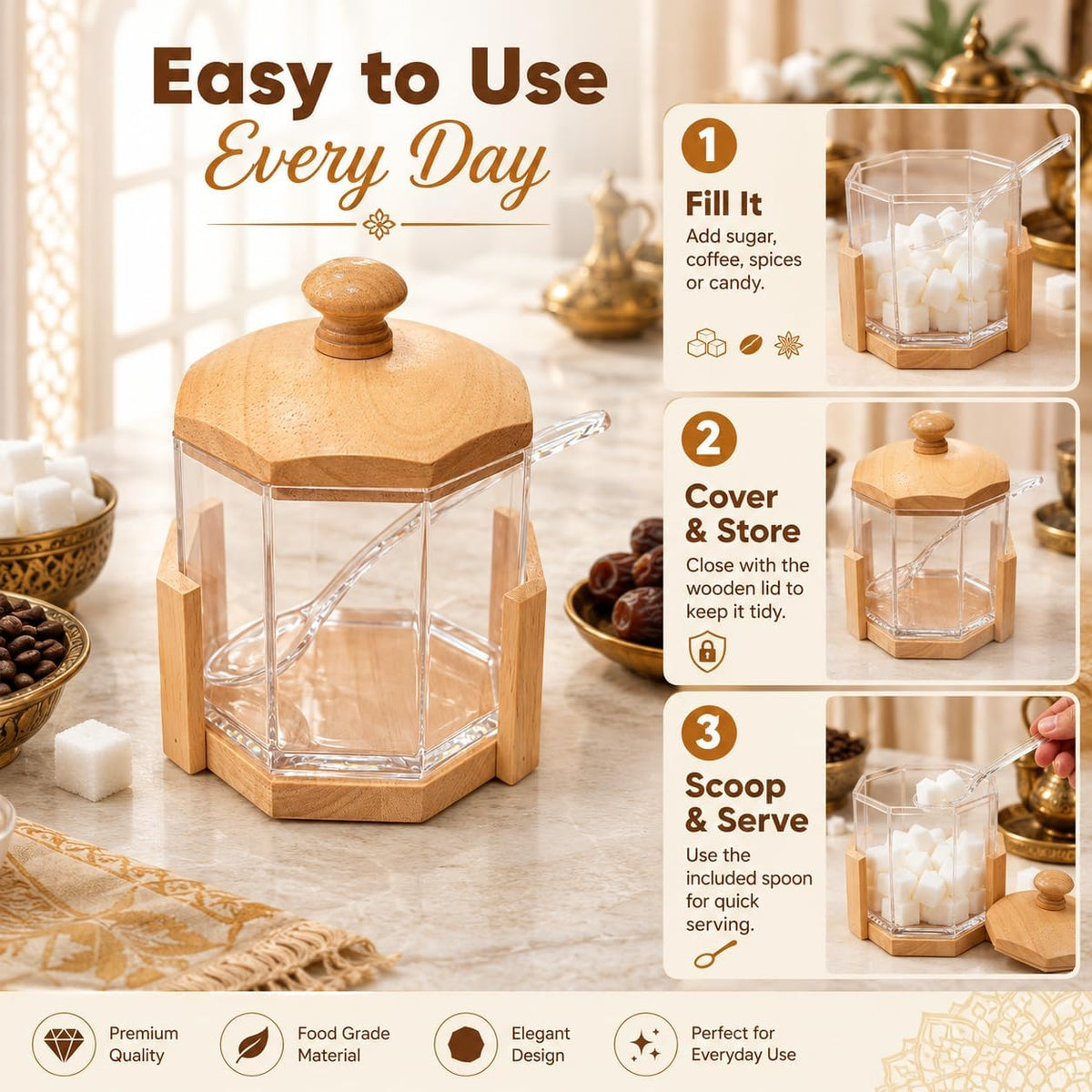 Sugar Pot with Lid and Spoon, Clear Acrylic Hexagon Jar with Wooden Base, Kitchen Storage Container for Coffee, Tea, Spices and Condiments