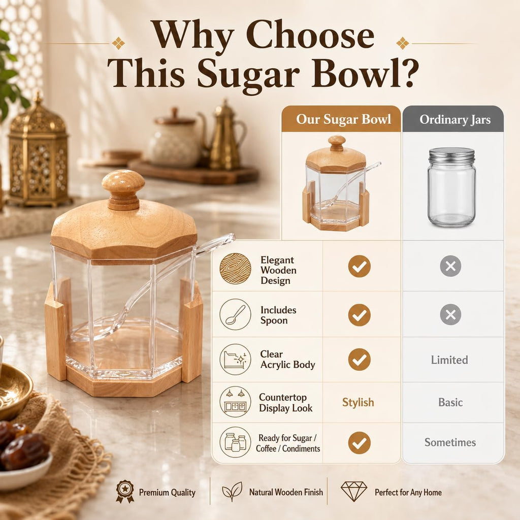 Sugar Pot with Lid and Spoon, Clear Acrylic Hexagon Jar with Wooden Base, Kitchen Storage Container for Coffee, Tea, Spices and Condiments