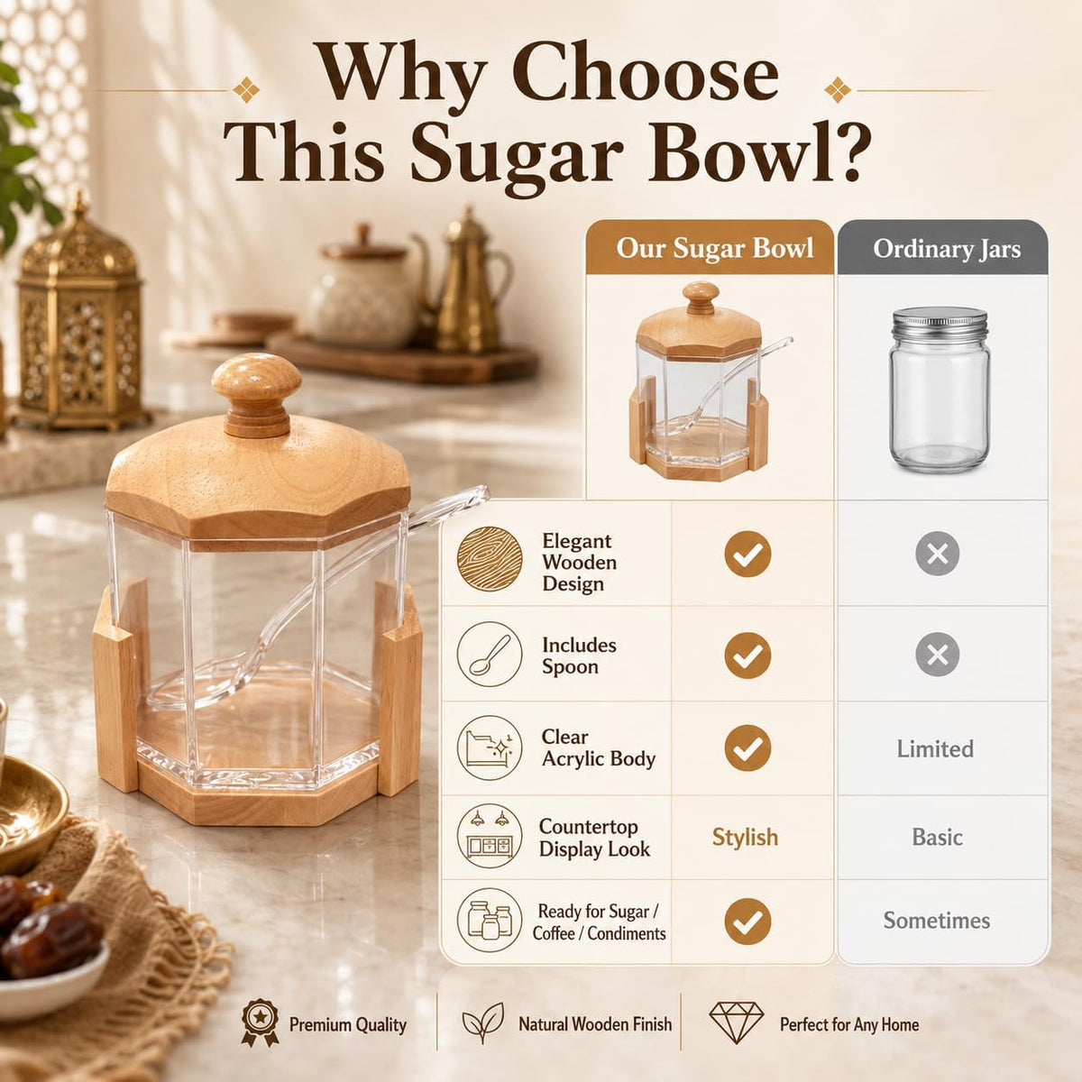Sugar Pot with Lid and Spoon, Clear Acrylic Hexagon Jar with Wooden Base, Kitchen Storage Container for Coffee, Tea, Spices and Condiments