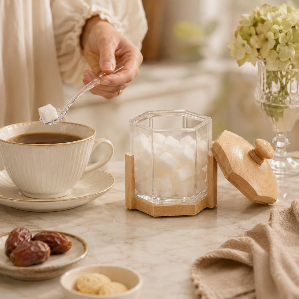 Sugar Pot with Lid and Spoon, Clear Acrylic Hexagon Jar with Wooden Base, Kitchen Storage Container for Coffee, Tea, Spices and Condiments