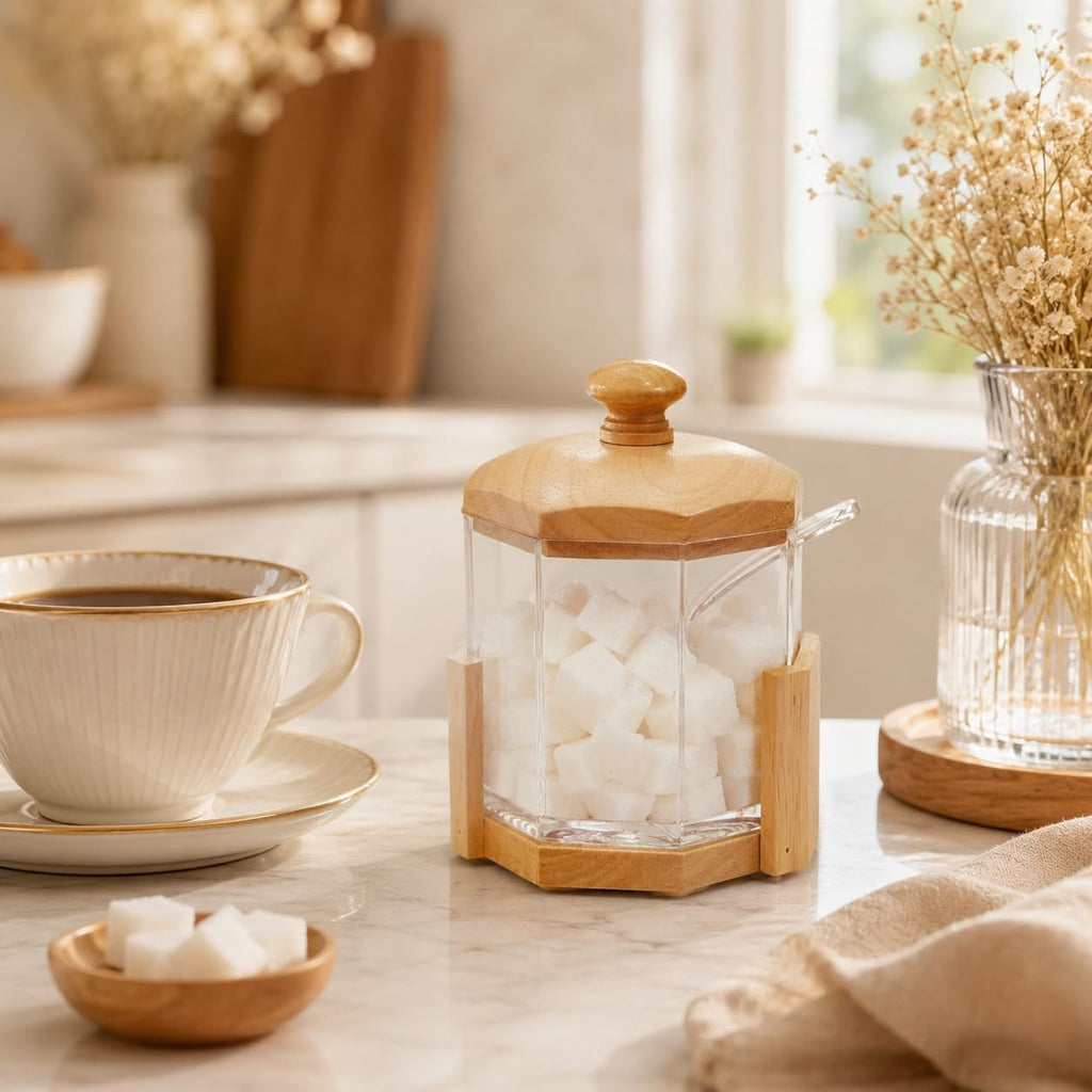 Sugar Pot with Lid and Spoon, Clear Acrylic Hexagon Jar with Wooden Base, Kitchen Storage Container for Coffee, Tea, Spices and Condiments