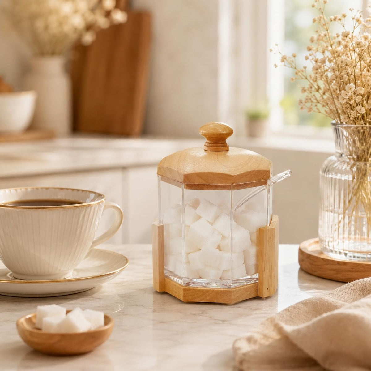 Sugar Pot with Lid and Spoon, Clear Acrylic Hexagon Jar with Wooden Base, Kitchen Storage Container for Coffee, Tea, Spices and Condiments