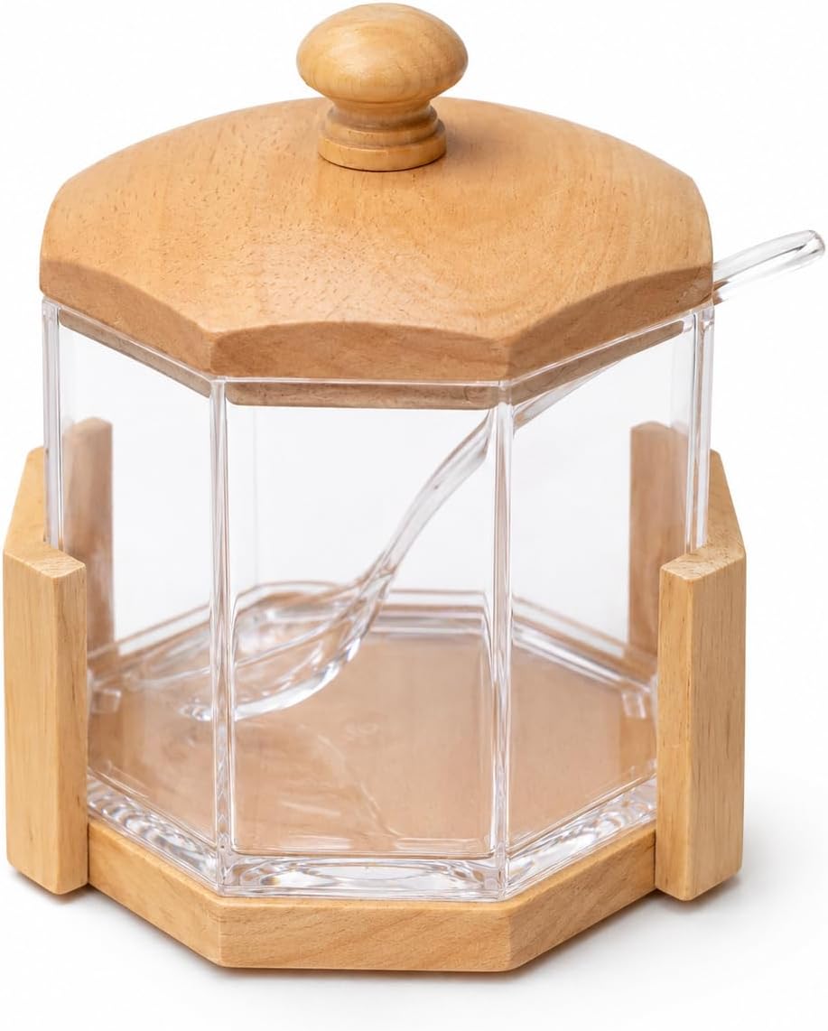 Sugar Pot with Lid and Spoon, Clear Acrylic Hexagon Jar with Wooden Base, Kitchen Storage Container for Coffee, Tea, Spices and Condiments