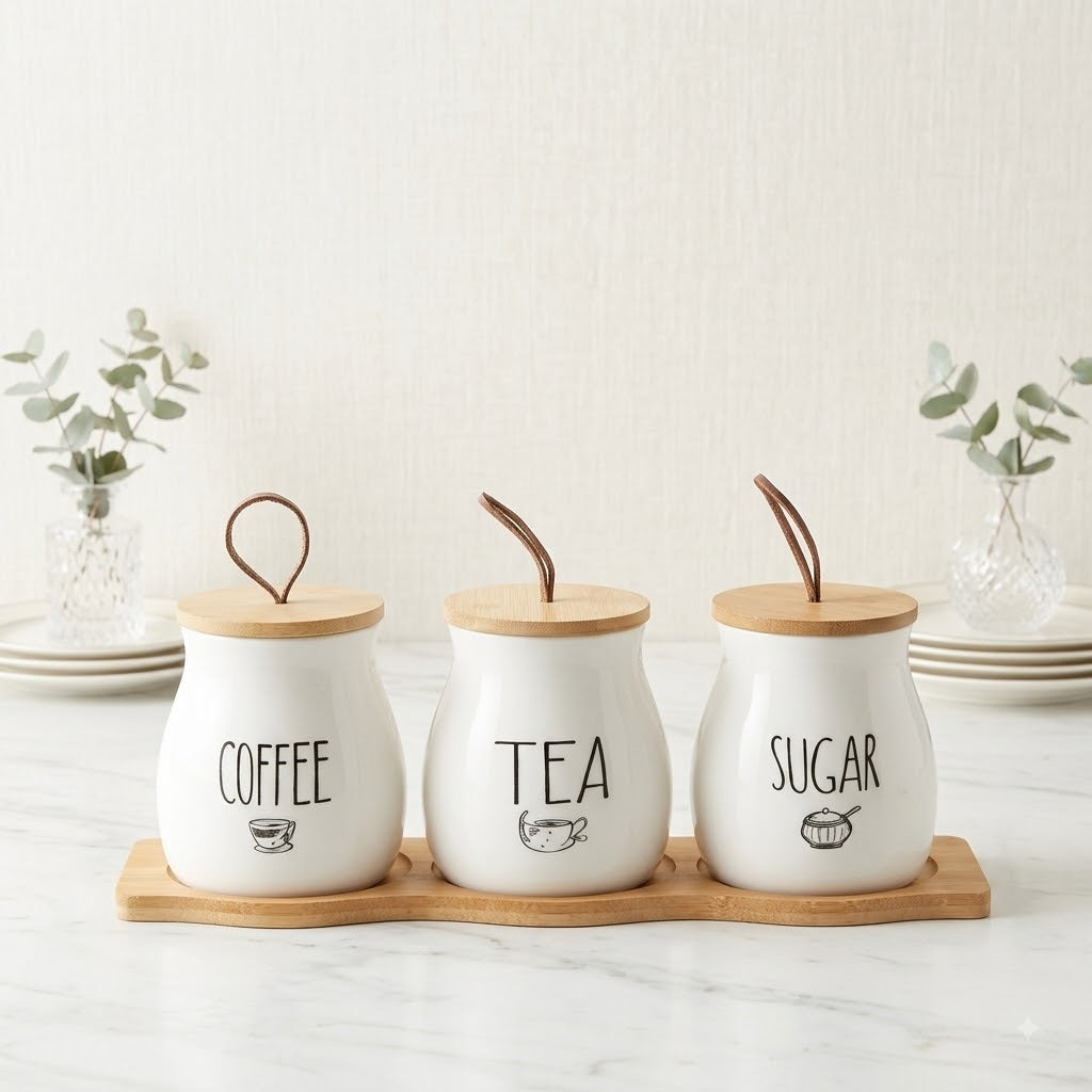 Ceramic Tea Coffee Sugar Jars Set with Wooden Tray