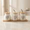 Ceramic Tea Coffee Sugar Jars Set with Wooden Tray