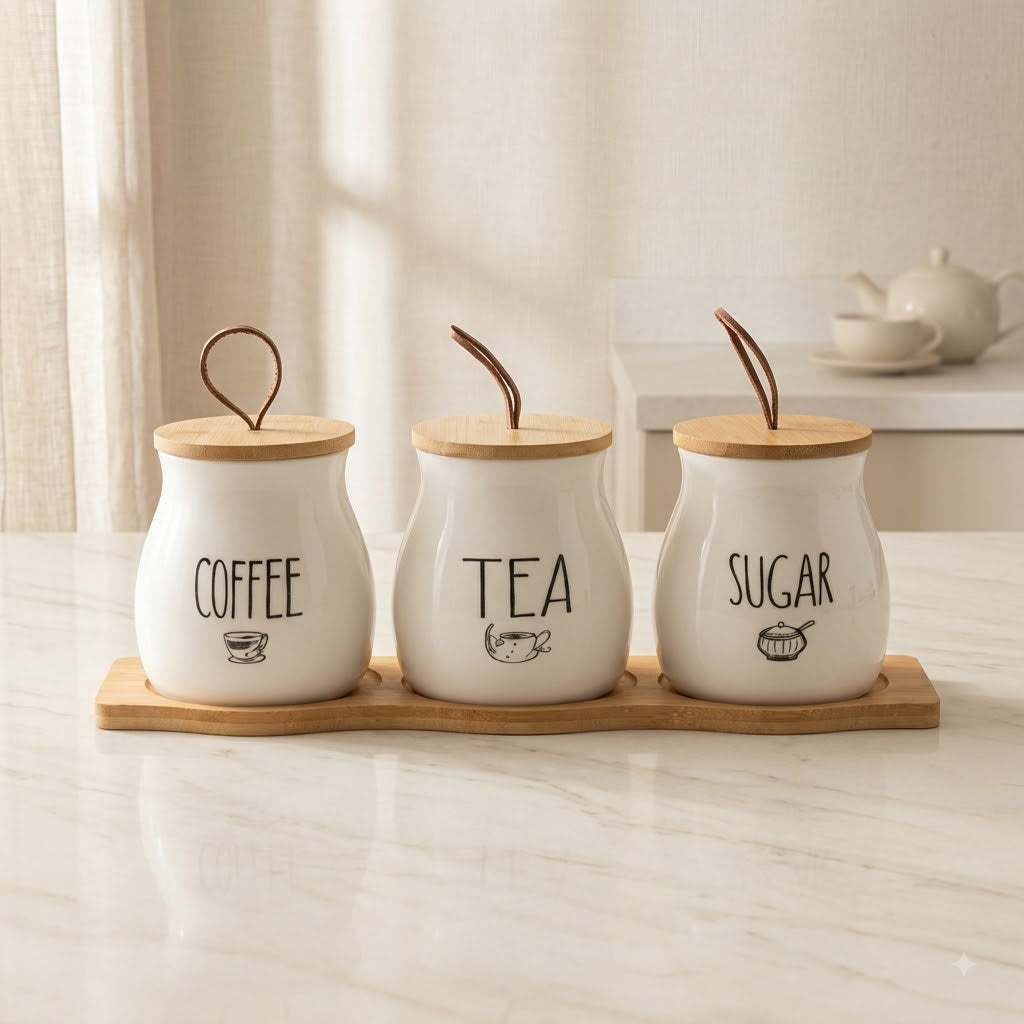 Ceramic Tea Coffee Sugar Jars Set with Wooden Tray
