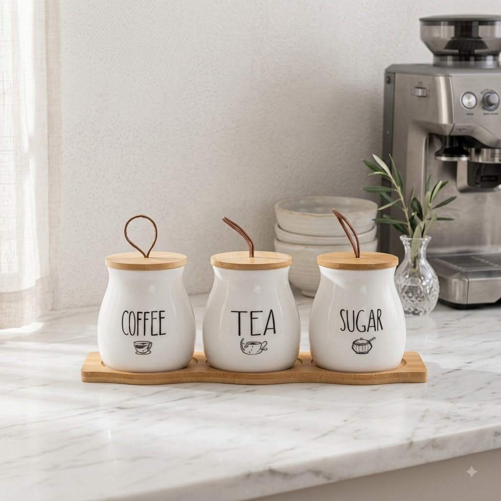 Ceramic Tea Coffee Sugar Jars Set with Wooden Tray