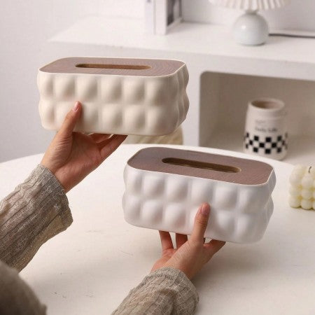 Nordic Bubble-Texture Tissue Box with Natural Wood Lid