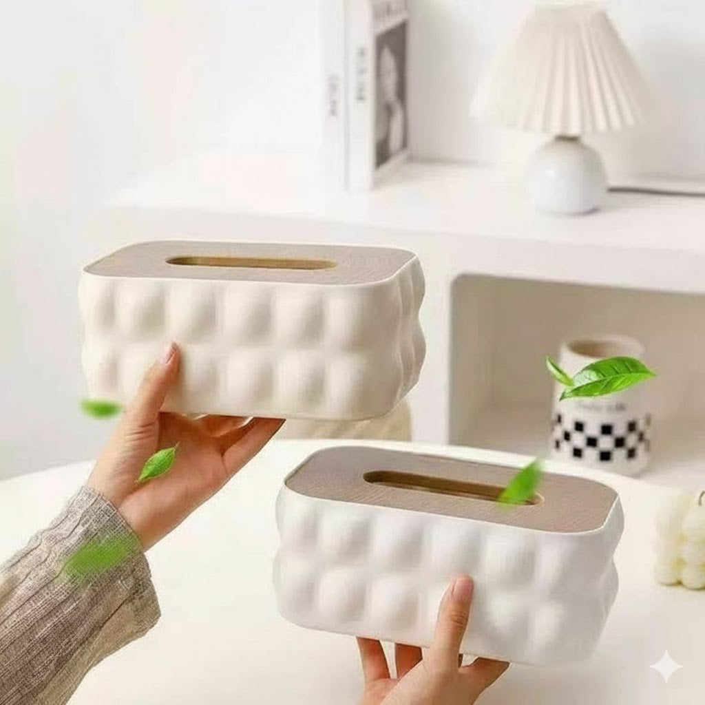 Nordic Bubble-Texture Tissue Box with Natural Wood Lid