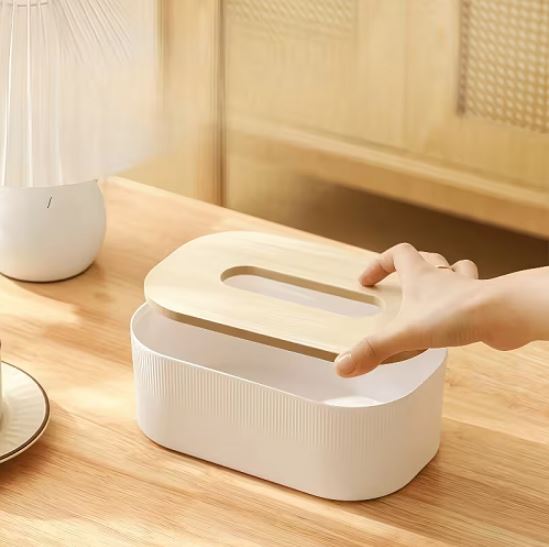 Tissue Box Holder with Wooden Lid | Modern Decorative Premium Tabletop Facial Napkin Dispenser for Living Room, Bedroom, Kitchen, Bathroom, Dining Table, Office & Car
