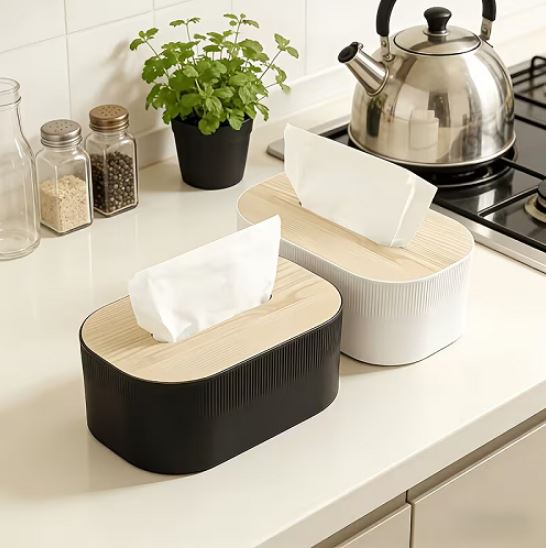 Tissue Box Holder with Wooden Lid | Modern Decorative Premium Tabletop Facial Napkin Dispenser for Living Room, Bedroom, Kitchen, Bathroom, Dining Table, Office & Car