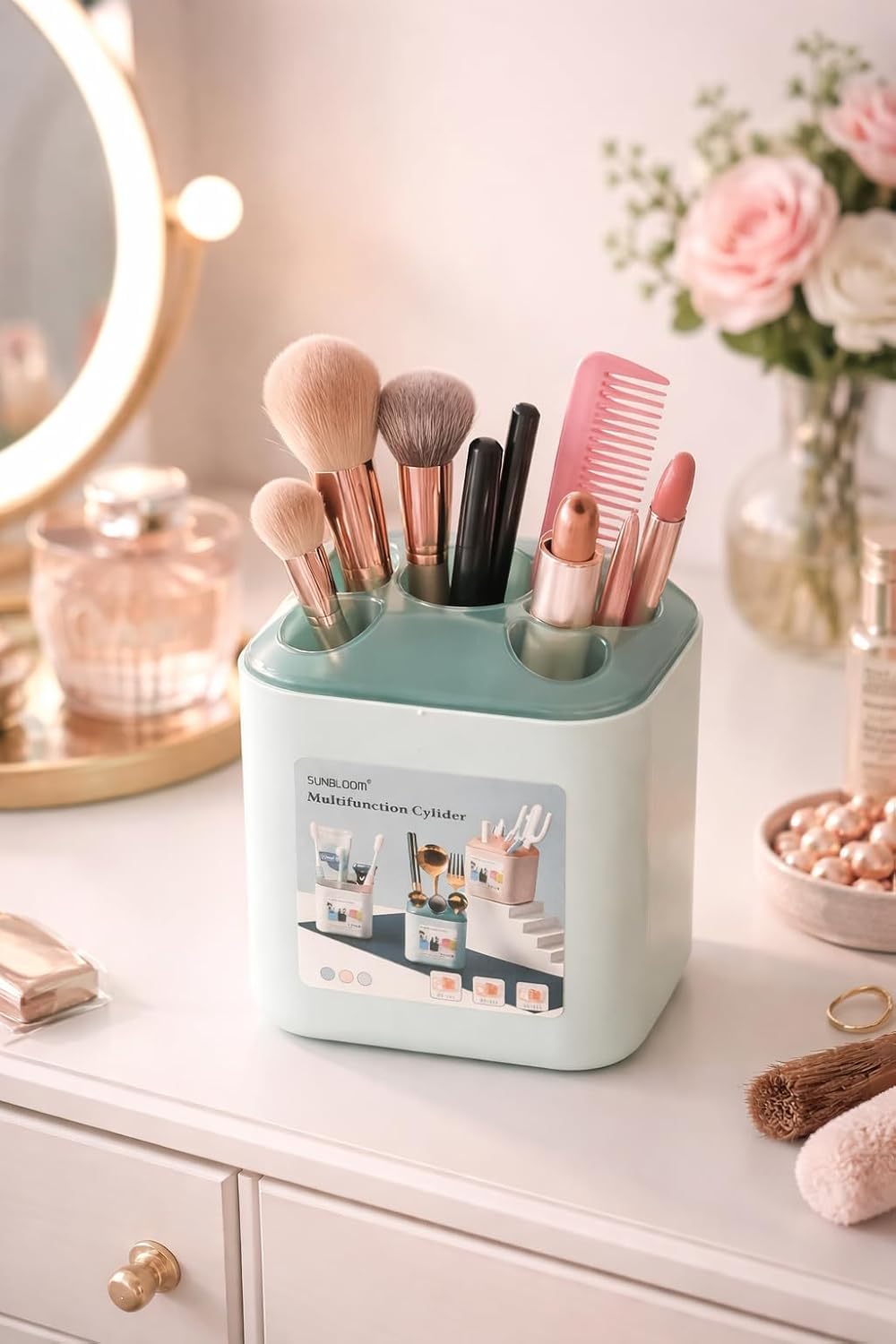Multifunction Toothbrush Holder Organizer with Drain Tray – Bathroom Countertop Storage Stand for Toothbrush, Razor & Makeup Brushes | Plastic Kitchen Cutlery & Spoon Holder