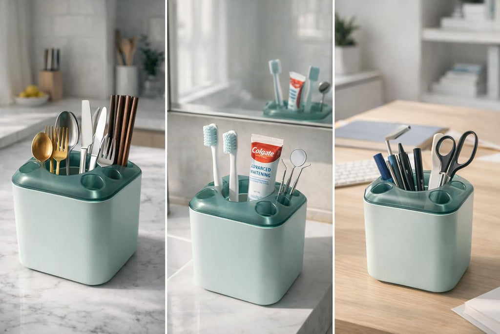 Multifunction Toothbrush Holder Organizer with Drain Tray – Bathroom Countertop Storage Stand for Toothbrush, Razor & Makeup Brushes | Plastic Kitchen Cutlery & Spoon Holder