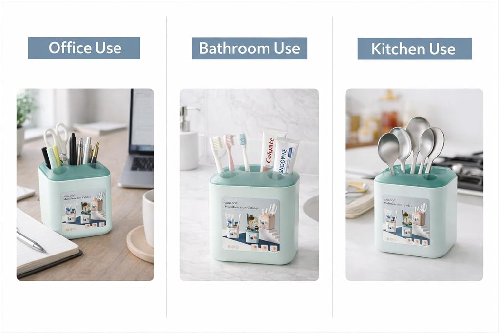 Multifunction Toothbrush Holder Organizer with Drain Tray – Bathroom Countertop Storage Stand for Toothbrush, Razor & Makeup Brushes | Plastic Kitchen Cutlery & Spoon Holder