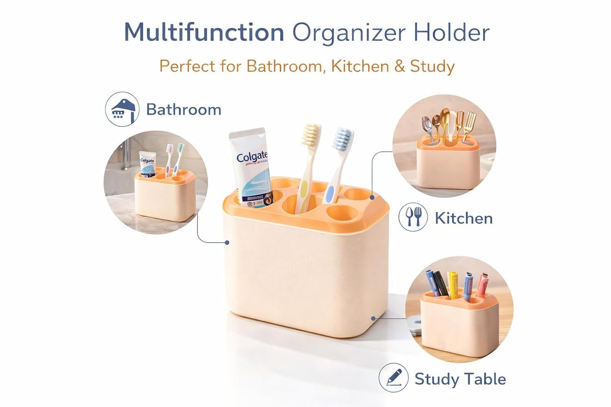 Multifunction Toothbrush Holder Organizer with Drain Tray – Bathroom Countertop Storage Stand for Toothbrush, Razor & Makeup Brushes | Plastic Kitchen Cutlery & Spoon Holder