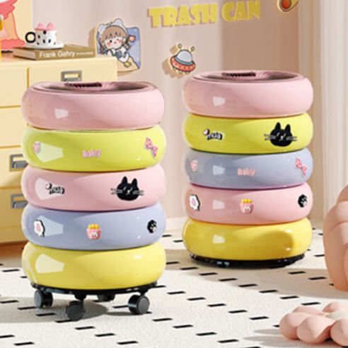 Cute Trolley Dustbin with Detachable Inner Bin and Decorative Stickers