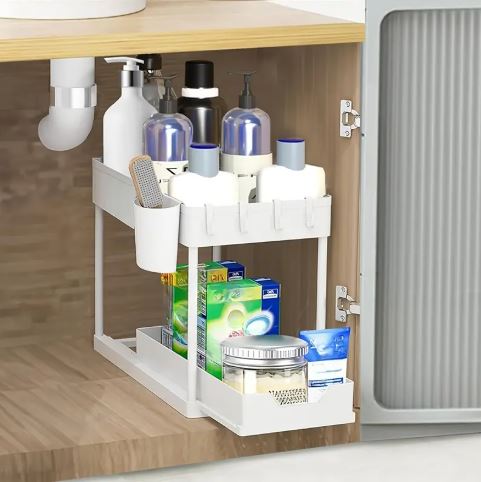 2-Tier Under Sink Sliding Drawer Storage Organizer Rack Multi-Purpose Holder for Kitchen Bathroom Cabinet