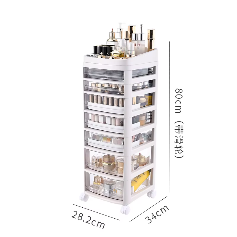 Cosmetic Organizer Cart with Handle and Lockable Wheels, Multifunctional Acrylic Storage Shelves Rolling Utility Cart